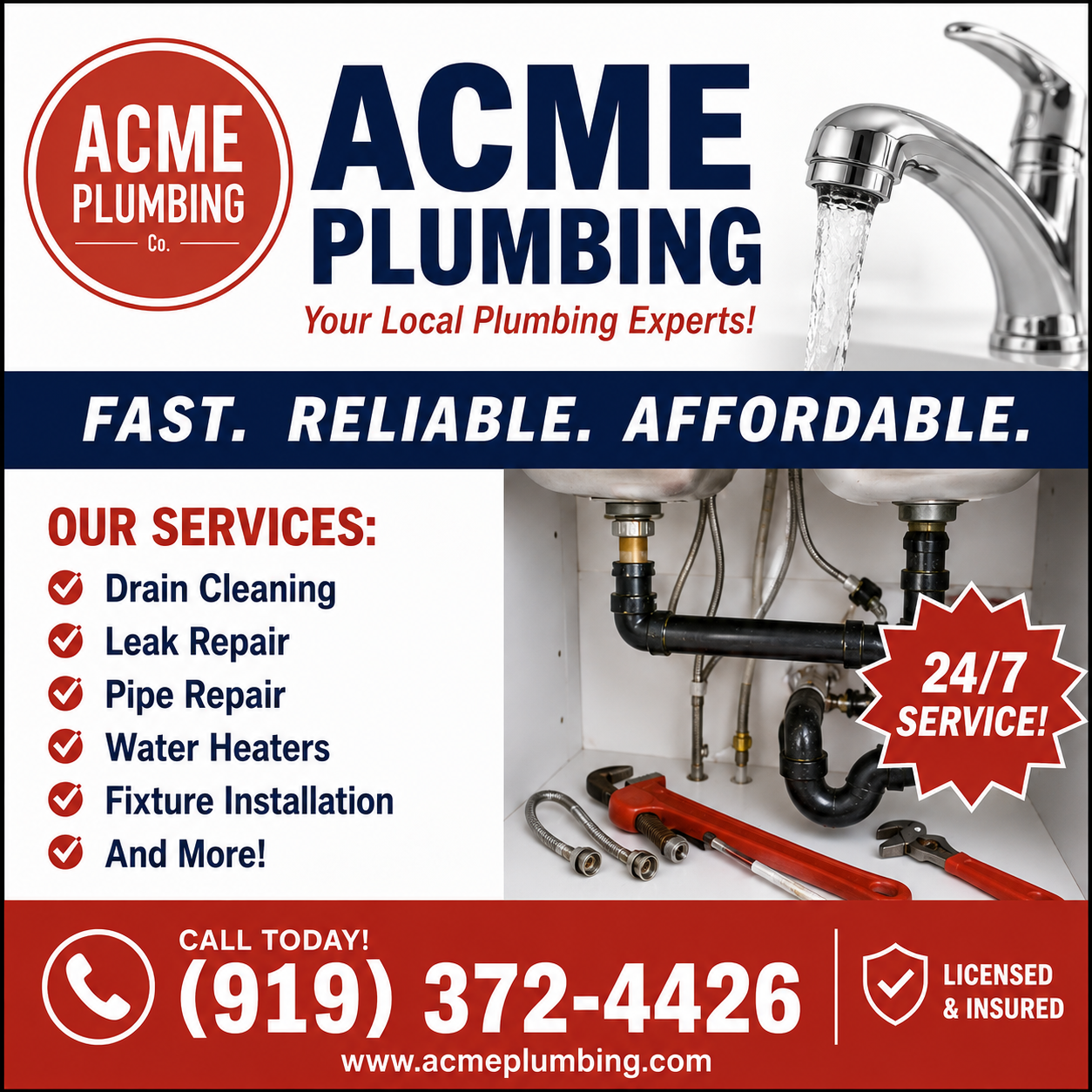 Example of a cluttered, flyer-style plumbing ad with a bullet list of services, a stock-photo collage, and a red 24/7 burst.